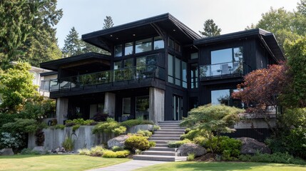 Modern Black House with Landscaping