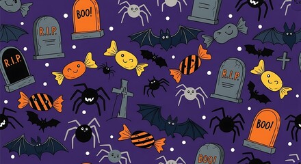 Spooky Halloween seamless pattern with bats, spiders, candy, and RIP tombstones on purple background