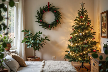 Interior of bedroom with Christmas tree, fir branches and mistletoe wreath. Front view. 3d rendering.