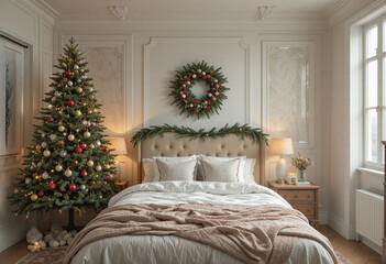 Interior of bedroom with Christmas tree, fir branches and mistletoe wreath. Front view. 3d rendering.