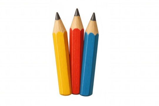 Three primary color pencils standing together, representing education, creativity, and school supplies on a transparent background