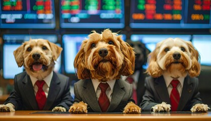 Three dogs in suits, looking serious, in front of stock market screens