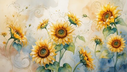 A stunning, high-resolution illustration of a delicate watercolor sunflower flower wallpaper - generative ai