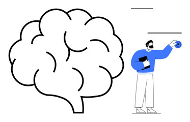 Large brain outline with a man pointing towards it, holding a notebook. Ideal for education, creativity, innovation, problem-solving, knowledge, mental health brainstorming concepts. A simple flat