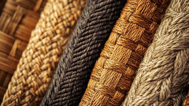 Detailed close-up of woven ropes in earthy tones, showcasing texture and craftsmanship.
