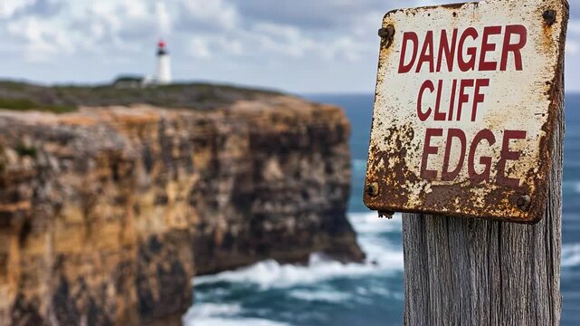 Weathered danger sign warns of cliff edge near a lighthouse by the ocean.
