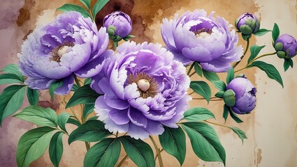a stunning illustration of floral wallpaper featuring lush purple peonies with delicate petals and intricate details