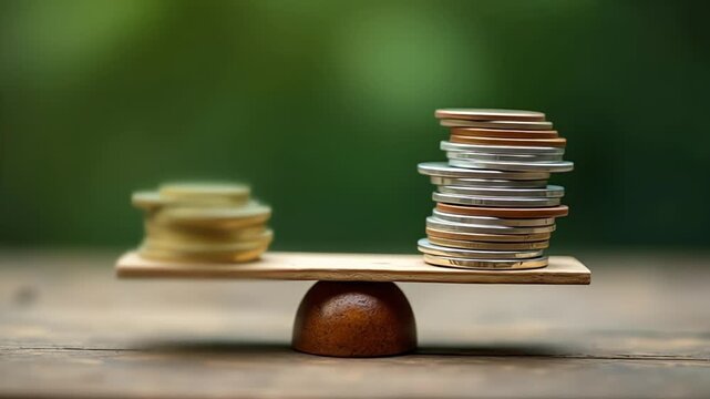 Coins balanced on a seesaw represent financial equilibrium and investment strategy