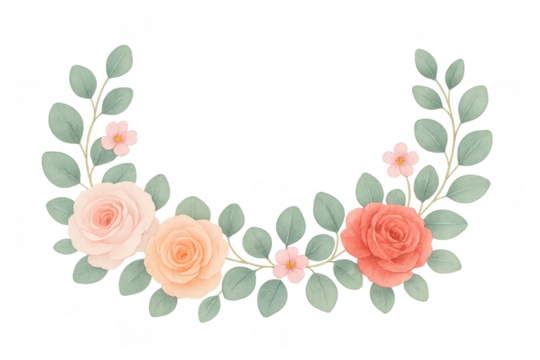 Watercolor floral wreath with roses and green leaves - Powered by Adobe