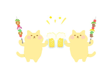 BBQ・ビールとバーべキュー串を持って乾杯するかわいい猫のベクターイラスト素材