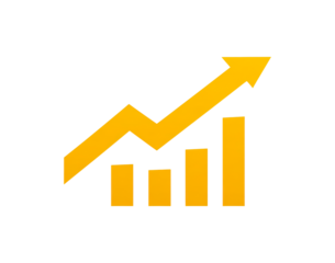 Yellow arrow and bar graph icon symbolizing growth and progress on transparent background