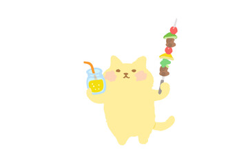 BBQ・ドリンクとバーべキュー串を持って乾杯するかわいい猫のベクターイラスト素材