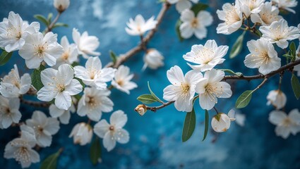 White flower wallpaper with leaves on blue texture. Elegant mural with a blossoming branch. Abstract botanical illustration for art prints.  generative ai