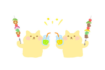 BBQ・ドリンクとバーべキュー串を持って乾杯するかわいい猫のベクターイラスト素材