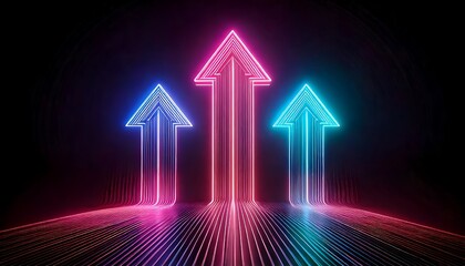 Three neon arrows of different colours point upwards, representing growth and progress. They emerge from a dark, linear background. The colours are vibrant. The image suggests direction.