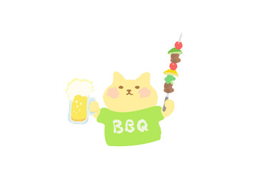 BBQ・ビールとバーべキュー串を持って乾杯するかわいい猫のベクターイラスト素材