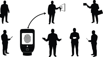 Business professionals silhouettes using biometric fingerprint scanner, secure access control concept, identity verification, office security system vector illustration