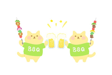 BBQ・ビールとバーべキュー串を持って乾杯するかわいい猫のベクターイラスト素材
