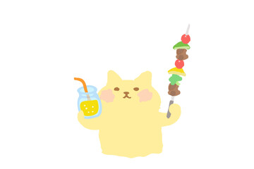 BBQ・ドリンクとバーべキュー串を持って乾杯するかわいい猫のベクターイラスト素材