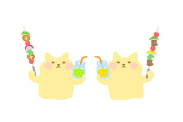 BBQ・ドリンクとバーべキュー串を持って乾杯するかわいい猫のベクターイラスト素材