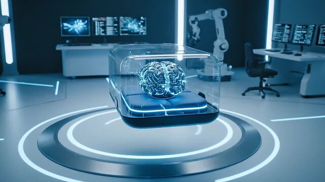 Futuristic AI Brain in a Transparent Container in a High-Tech Lab