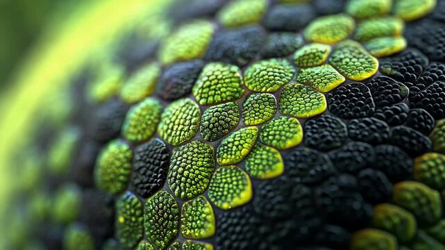 Macro shot of textured green and black reptile skin. Scales detail.