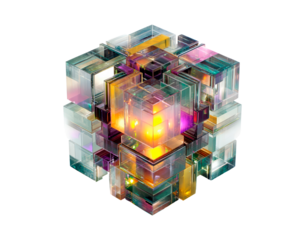 Colorful geometric glass cube with vibrant light reflections on transparent background