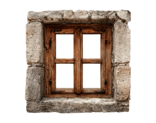Rustic stone wall with vintage wooden window frame on transparent background