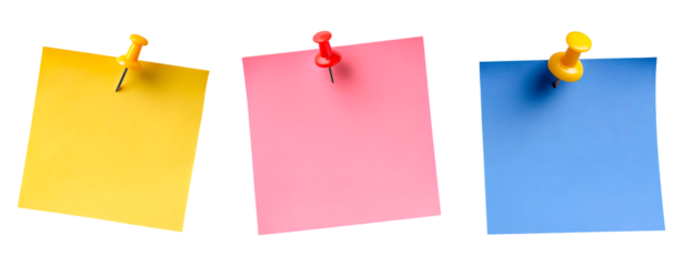 Colorful note paper attached with thumbtacks on transparent background