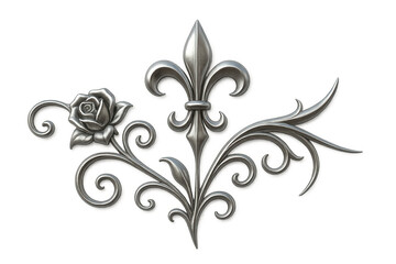 Fleur-de-lis and rose ornament in silver wrought iron style, decorative classic architectural element on transparent background