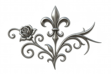 Fleur-de-lis and rose ornament in silver wrought iron style, decorative classic architectural element on transparent background