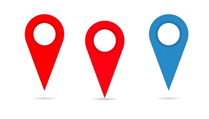 Three map markers, red and blue, on white background