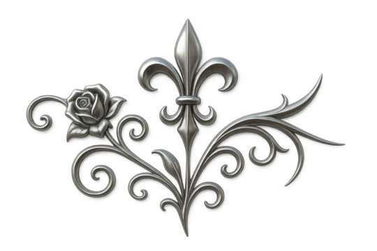 Fleur-de-lis and rose ornament in silver wrought iron style, decorative classic architectural element on transparent background - Powered by Adobe