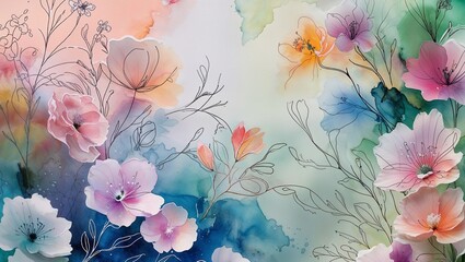 watercolor background with flowers and leaves. Abstract botanical illustration for posters&mdash;generative AI.