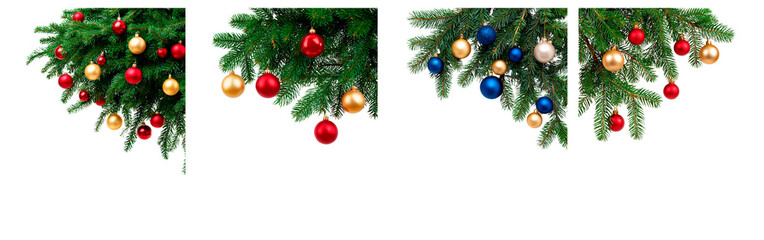 Festive christmas tree branches with colorful ornaments and pine cones on transparent background