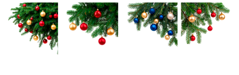Festive christmas tree branches with colorful ornaments and pine cones on transparent background