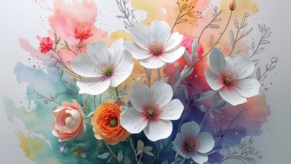 watercolor background with flowers and leaves. Abstract botanical illustration for posters&mdash;generative AI.