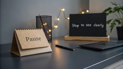 Inspiring Workspace with "Pause" Desk Calendar and Motivational Sign in Cozy Office Environment