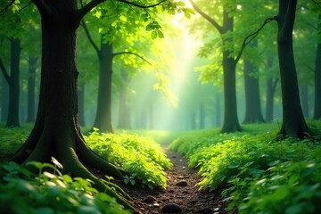 Obraz premium Serene Sun-Dappled Forest Lush Green Foliage and Magical Atmosphere, Perfect for Relaxation and Nature Themes