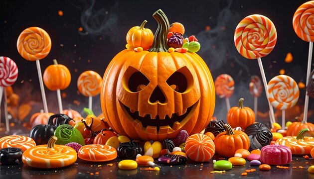 A carved pumpkin with a spooky face sits amidst a colorful assortment of candies, lollipops, and miniature pumpkins, set against a dark, smoky background.