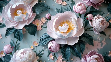 Floral wallpaper with peonies and leaves. Abstract botanical illustration for posters&mdash;generative AI.
