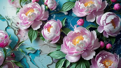 Floral wallpaper with peonies and leaves. Abstract botanical illustration for posters&mdash;generative AI.