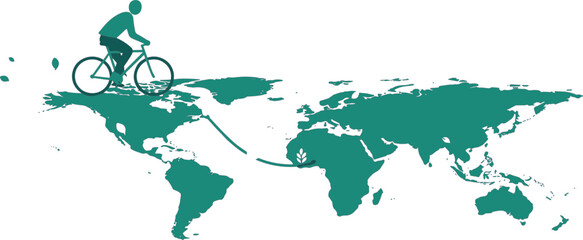 Global sustainability journey, eco friendly bicycle travel, world map illustration, environmental awareness, green lifestyle, renewable future, international connection, climate action