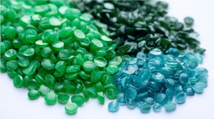 Green granules of polypropylene or polyamide on a white background. Plastics and polymers industry. Copy space. Glass petri dish