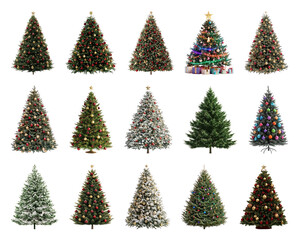 Obraz premium PNG Diverse decorated Christmas trees collection, element set on transparent background