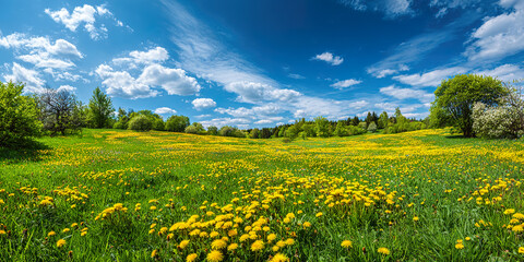 Lush green spring grass field bathed in morning sunlight, evoking freshness. travel magazines, destination branding, designed for travel destination branding, used by project managers.