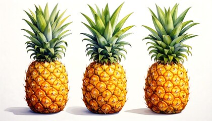 Three pineapples in a row, vibrant yellow-gold skin, lush green leaves
