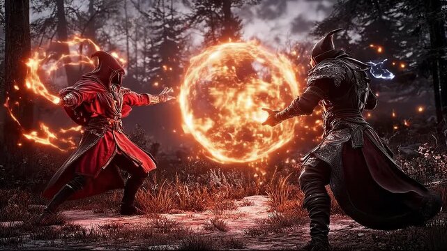 Two wizards battling in a mystical forest with fiery magic.