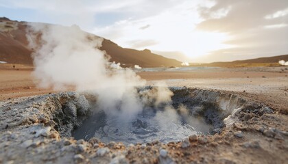 Explore Iceland's stunning geothermal landscape with bubbling mud pools and rising steam under golden sunlight, perfect for travel and adventure content