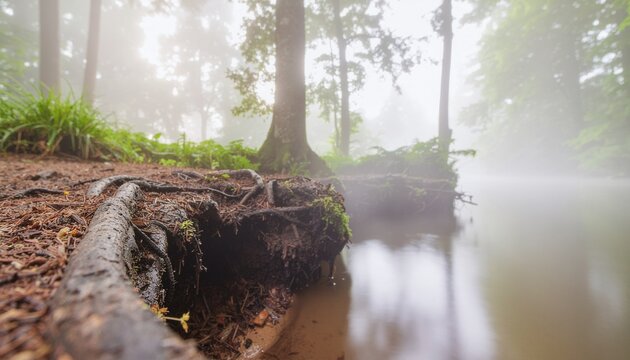 Enchanting misty morning by the riverbank in the tranquil forest, showcasing nature's mysterious beauty and serene atmosphere for a peaceful escape